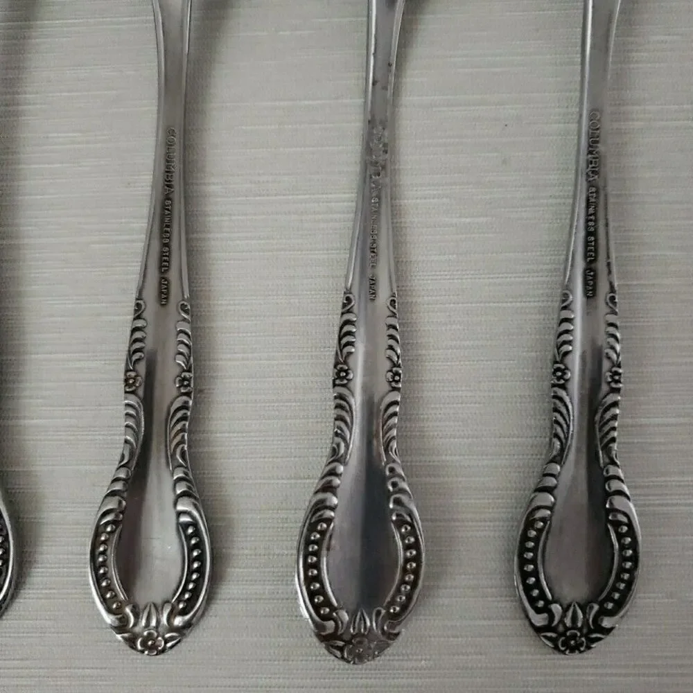 Columbia Stainless Japan 7 Dinner Spoons Flower Tip Beaded Edge Silverware VTG